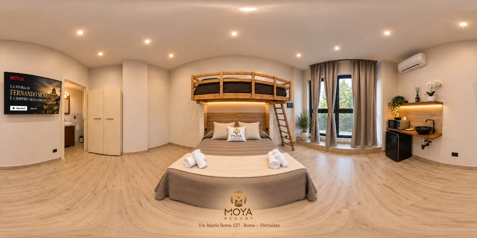 Panoramica della Camera 7 con letto matrimoniale, letto superiore e angolo bar